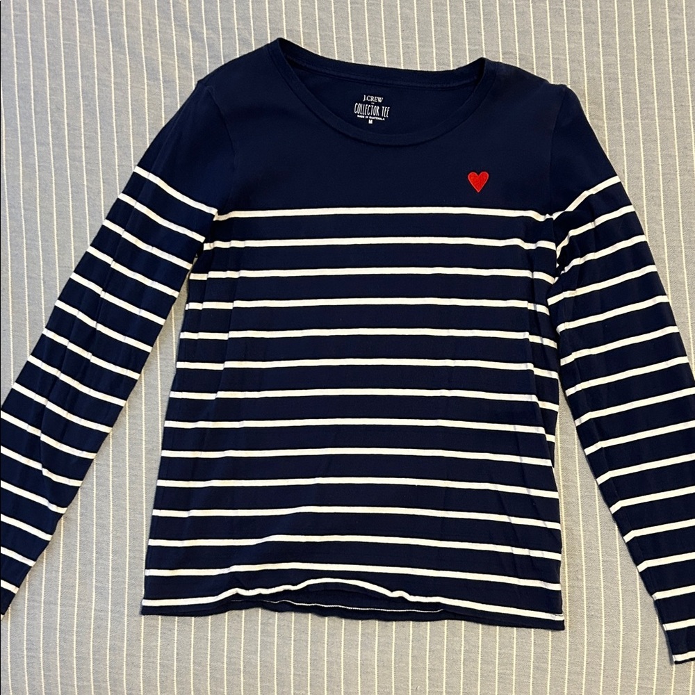 J. Crew Navy and White Striped Long Sleeve Top with Red Accent